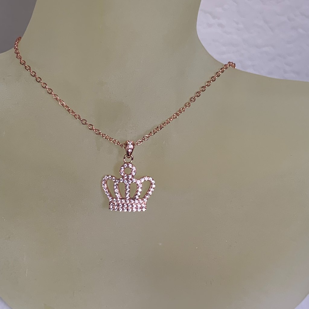 Nwot Rose Gold Pink Tone Pave Cz Crown Pendant Chain 9$